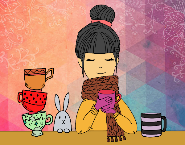 Desenho Menina com lenço e xícara de chá pintado por Sillvana