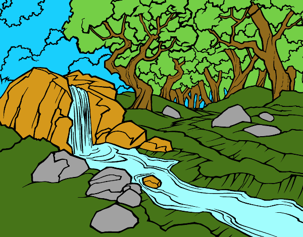 Desenho Paisagem da floresta com um rio pintado por Sillvana