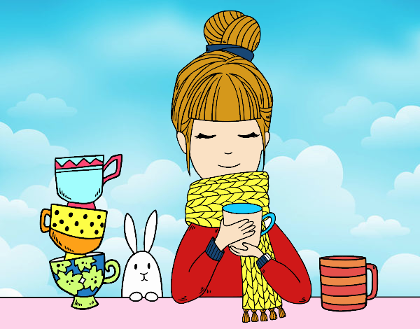 Desenho Menina com lenço e xícara de chá pintado por analari