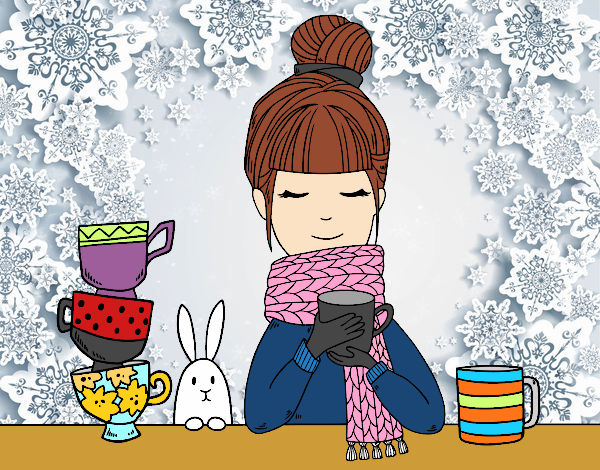 Desenho Menina com lenço e xícara de chá pintado por L2121