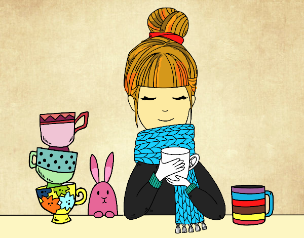 Desenho Menina com lenço e xícara de chá pintado por anakruger