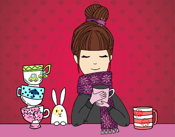 Desenho Menina com lenço e xícara de chá pintado por MissHannah