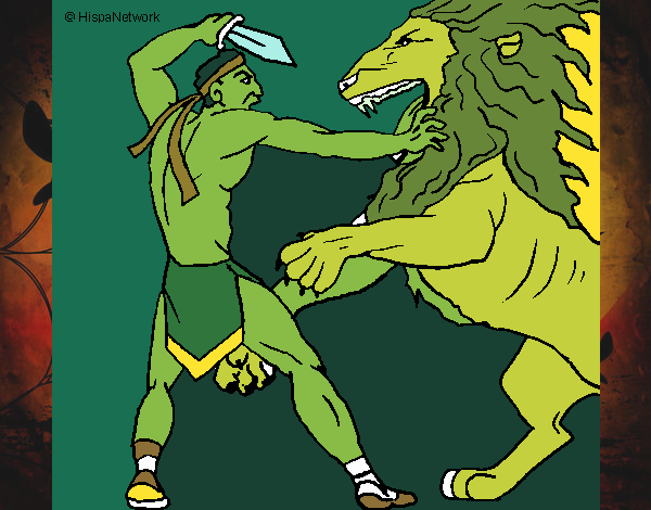 Desenho Gladiador contra leão pintado por miguelms