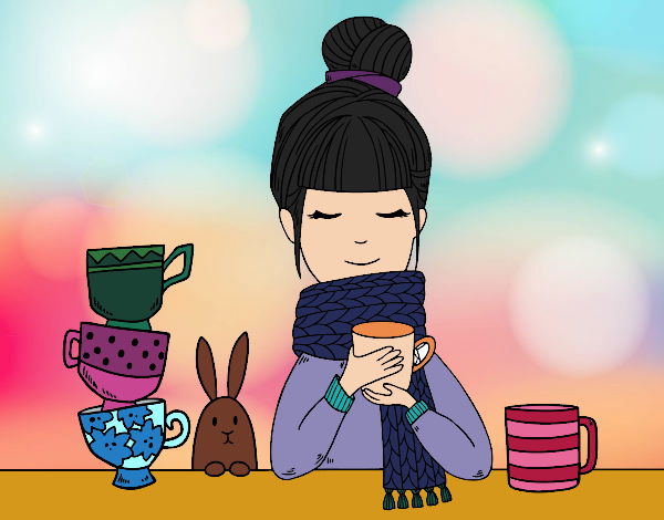 Desenho Menina com lenço e xícara de chá pintado por LadySun