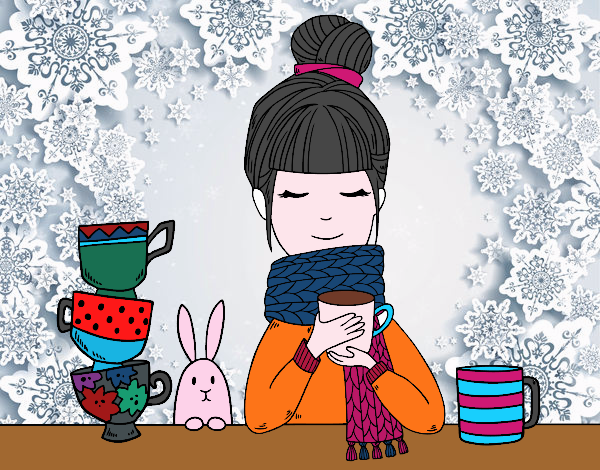 Desenho Menina com lenço e xícara de chá pintado por Nanda12743