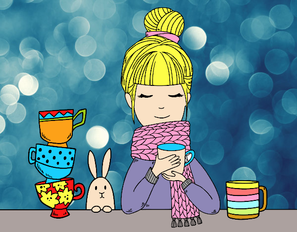 Desenho Menina com lenço e xícara de chá pintado por BIELLA