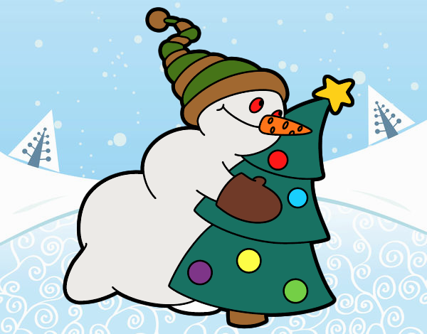 Desenho Boneco de neve abraçando árvore pintado por Craudia