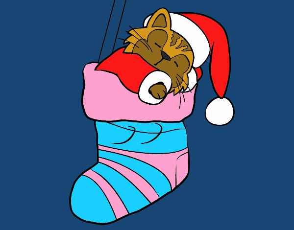 Desenho Gatinho dormindo em uma meia de Natal pintado por Jujuli