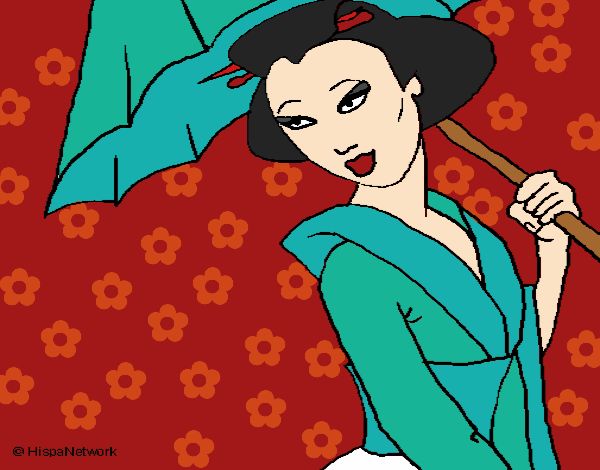 Desenho Geisha com chapéu de chuva pintado por Keithy 