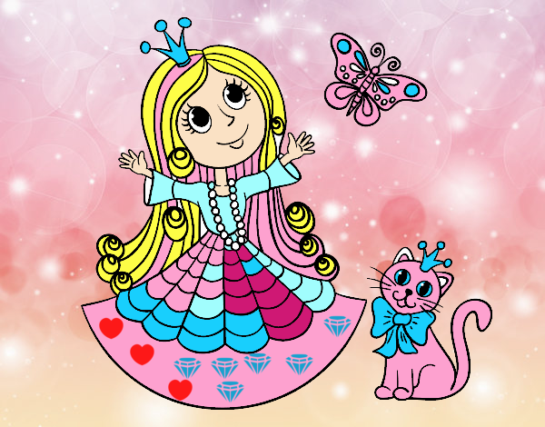 Desenho  Princesa com o gato e borboleta pintado por xuca