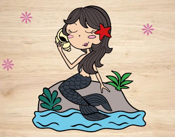 Desenho Sereia sentada numa rocha com uma caracol de mar pintado por Keithy 