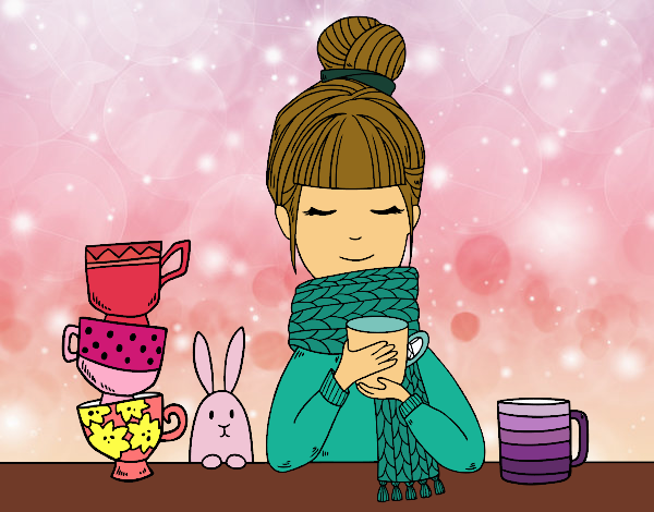 Desenho Menina com lenço e xícara de chá pintado por     Bela12