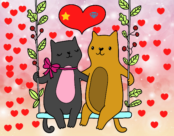 Desenho de Gatos apaixonados pintado e colorido por Usuário não