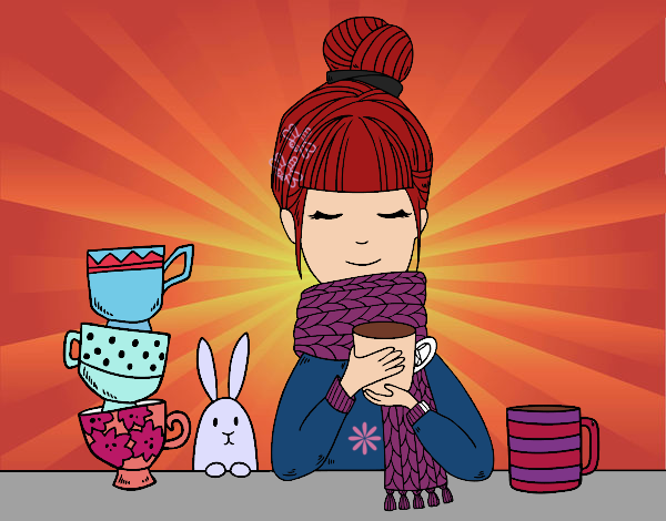 Desenho Menina com lenço e xícara de chá pintado por LICIAM