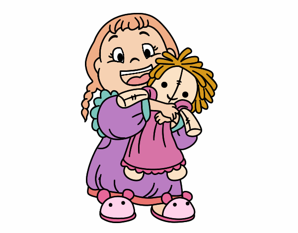 Um desenho de três crianças com bonecas coloridas.