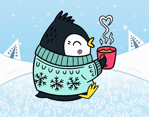 Pinguim tomando chocolate quente