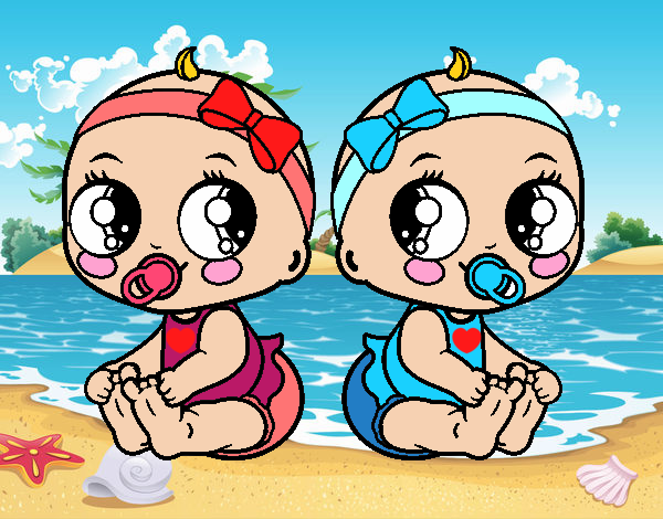 esse desenho representa gemeos sendo uma menina e um menino e eles estao na praia se divertindo .
