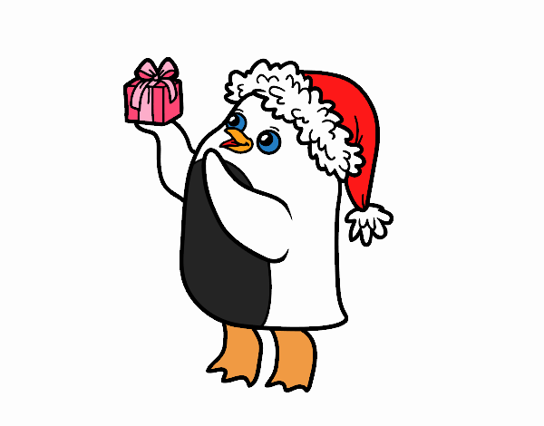 Pinguim com chapéu e presente de Natal