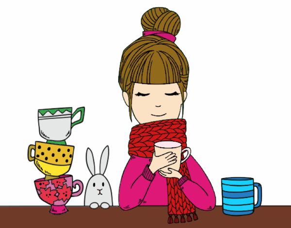 Menina com lenço e xícara de chá