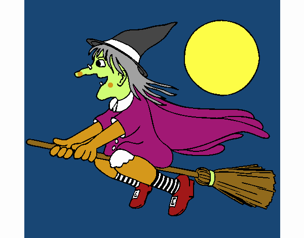 Desenho de Bruxa em vassoura voadora pintado e colorido por