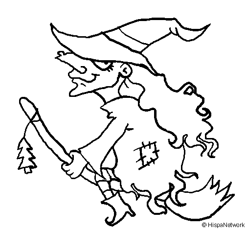 Desenho de Bruxa em vassoura voadora para Colorir