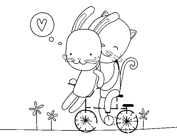 Desenho de Coelho e Gato amantes para Colorir