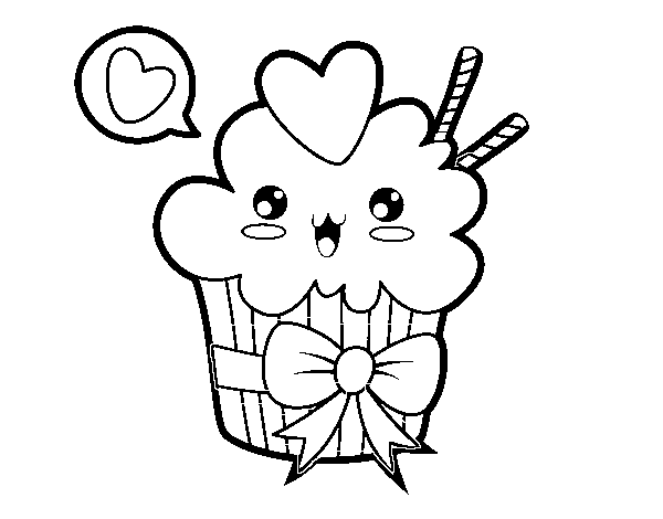 Desenho de Cupcake kawaii com laço para Colorir