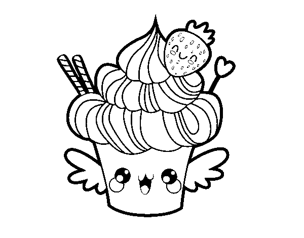 Desenho de Cupcake kawaii com morango para Colorir