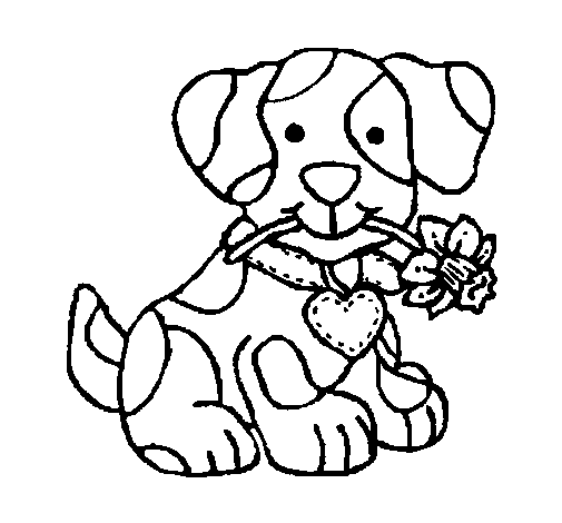 Desenho de Filhote de cachorro com uma flor na boca para Colorir
