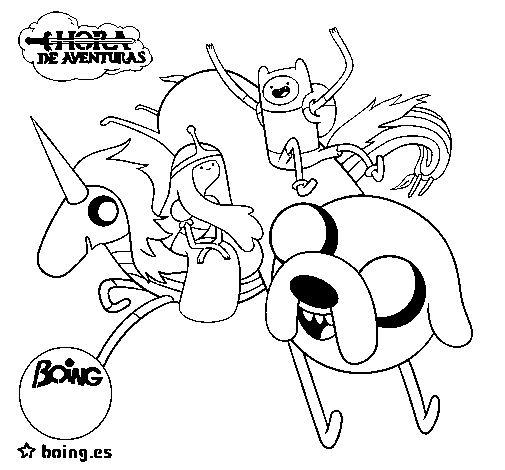 Desenho de Jake, Finn, Princesa Bubblegum e Rainbow Lady para Colorir