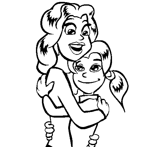 Desenho de Mãe e filha abraçaram para Colorir