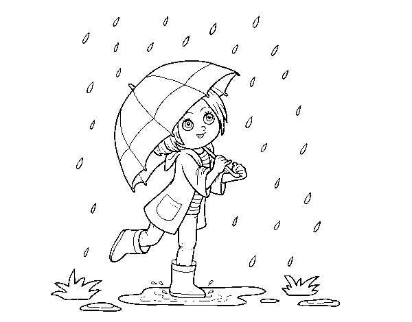 Desenho de Menina com guarda-chuva na chuva para Colorir