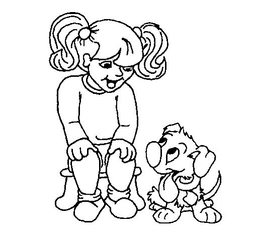 Desenho de Menina com o seu cãozito para Colorir