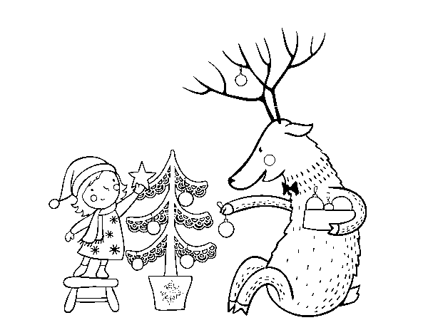 Desenho de Menina e rena para Colorir