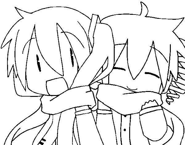 Desenho de Miku e Len com cachecol para Colorir