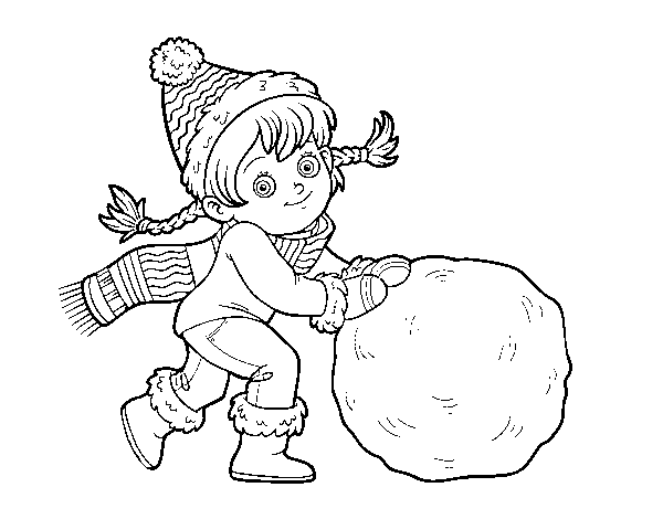 Desenho de Pequena garota com grande bola de neve para Colorir