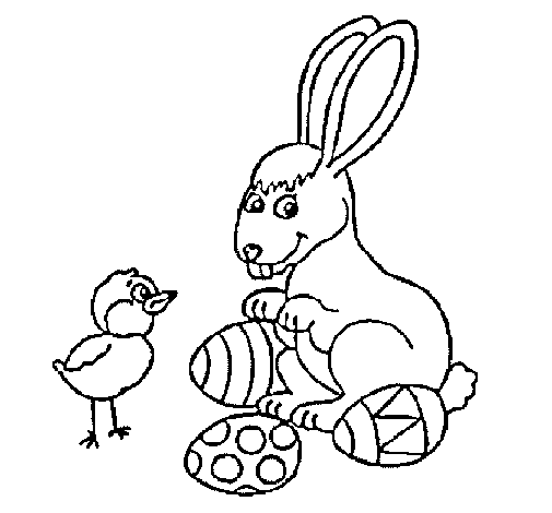 Desenho de Pinto, coelhito e ovinhos para Colorir