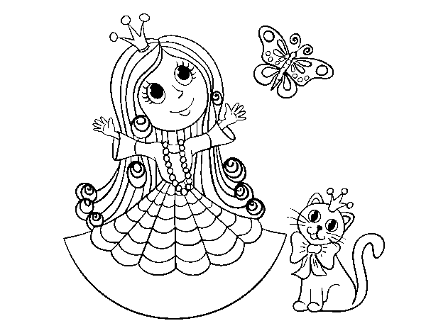 Desenho de  Princesa com o gato e borboleta para Colorir