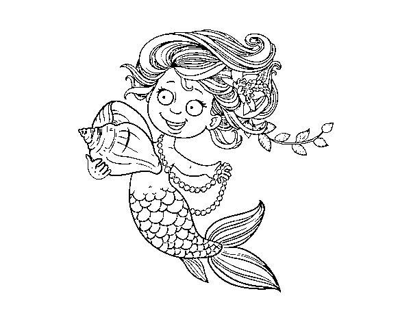 Desenho de Sereia com búzio e pérolas para Colorir