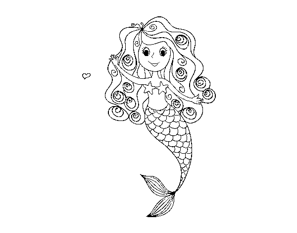 Desenho de Sereia com cachos para Colorir