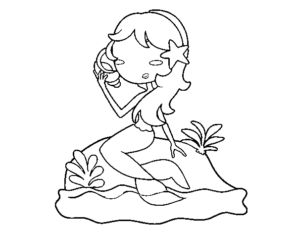 Desenho de Sereia sentada numa rocha com uma caracol de mar para Colorir