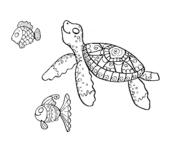 Desenho de Tartaruga de mar com peixes para Colorir