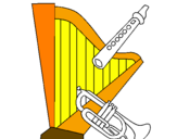 Desenho Harpa, flauta e trompeta pintado por rejane