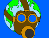 Desenho Terra com máscara de gás pintado por Entony S. Camargo