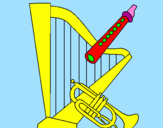 Desenho Harpa, flauta e trompeta pintado por catarina