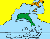 Desenho Golfinho e gaviota pintado por  cauua