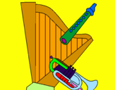 Desenho Harpa, flauta e trompeta pintado por luisa