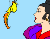 Desenho Mulher e pássaro pintado por miriam e.p