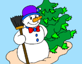 Desenho Boneco de neve e árvore de natal pintado por gugu
