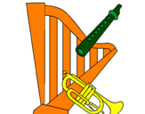 Desenho Harpa, flauta e trompeta pintado por intrumentos
